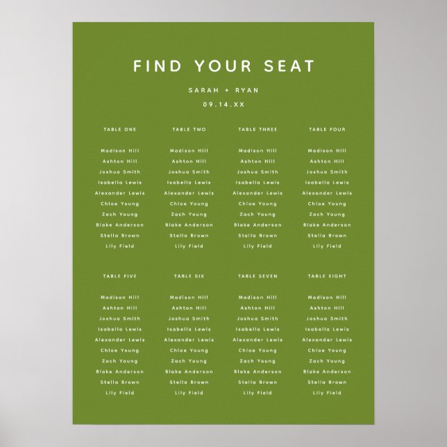 Modern Olivgrön Bröllops 8-Table Placeringsschema Poster (Framsidan)