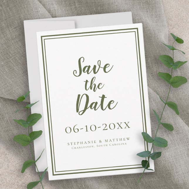 Modern Olivgrön Bröllopsskrift Enkel Klassisk Spara Datumet (Modern Olive Green Wedding Script Simple Classic Save The Date)