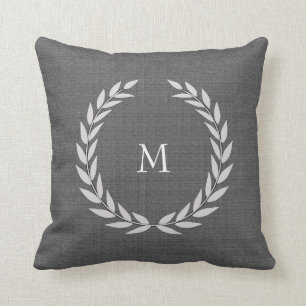 Modern olivgrön kranmörk - grå burlapmonogram kudde