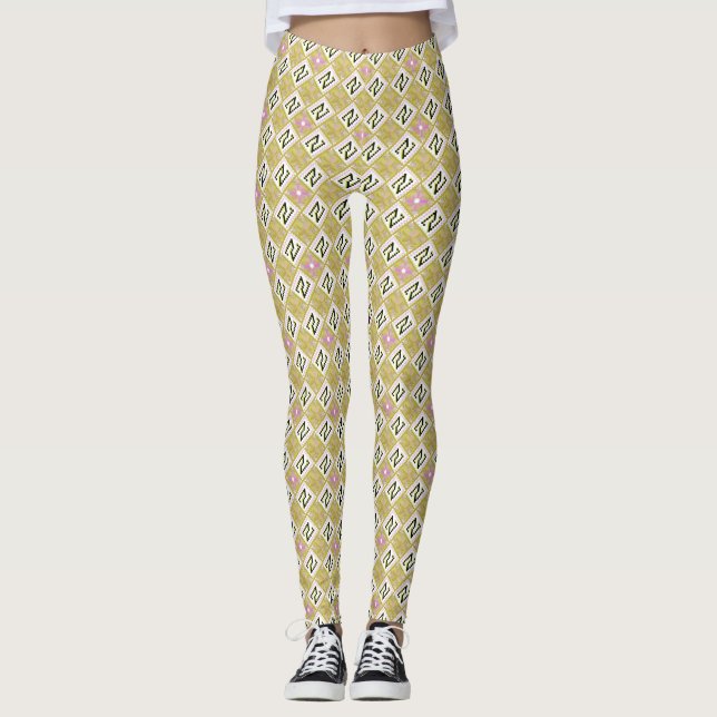 Modern Olivgrön och Magenta Geometrisk Tribalmönst Leggings (Framsida)