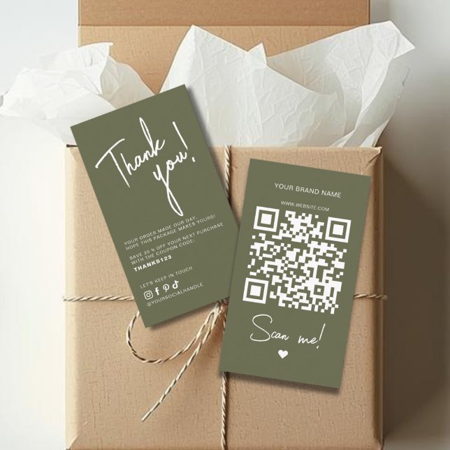 Modern olivgrön order tack QR-kod Visitkort (Skapare uppladdad)