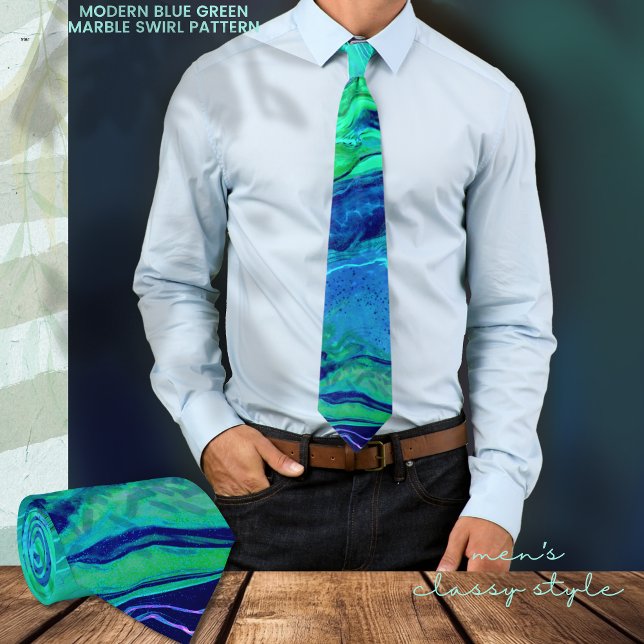Modern Ombre Blue Grönt Swirl Mönster Slips (Modern Blue Green Marble Swirl Pattern Neck Tie)