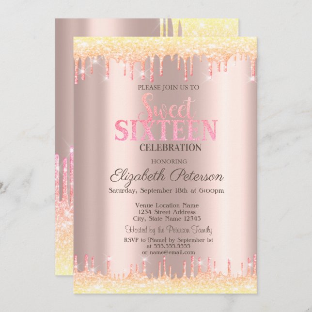 Modern Ombre Glitter Drips Ro Guld Sweet 16 Inbjudningar (Fram/baksida)