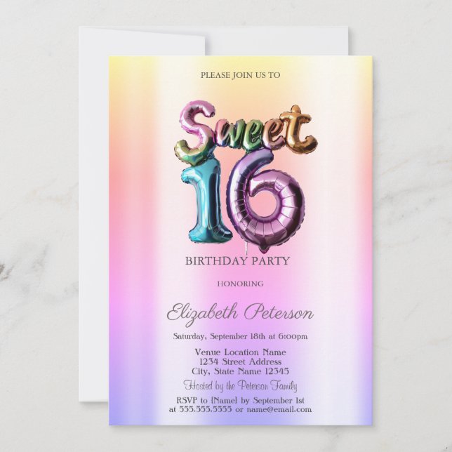 Modern Ombre Neon Balloon Sweet 16 Inbjudningar (Framsida)