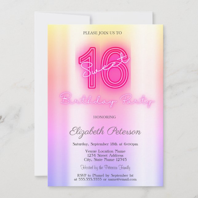 Modern Ombre Neon Sweet 16 Inbjudningar (Framsida)