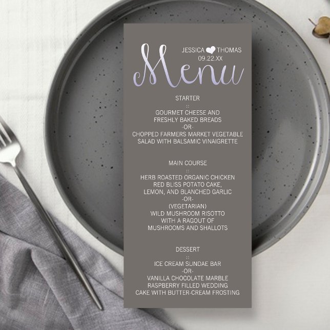 Modern Ombré Typography Lila & Grått Bröllop Menu Reklamkort (Skapare uppladdad)