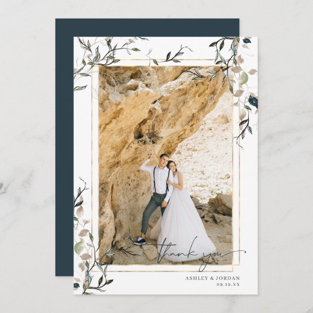 Modern ömtålig Vår Greenery Bröllop Tack Kort (Fram/baksida)