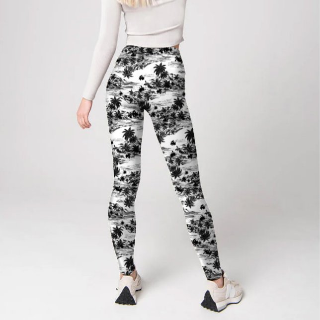 Modern ön Black & White Tropical Haiwaii Leggings (Modern tropical black and white haiwaiian trendy printed leggings.)