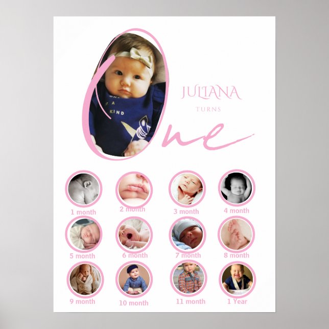Modern One Year Milestone Baby Girl Photo Collage  Poster (Framsidan)