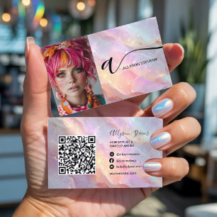 Modern Opal Rainbow Glitter Photo QR Code Makeup Visitkort