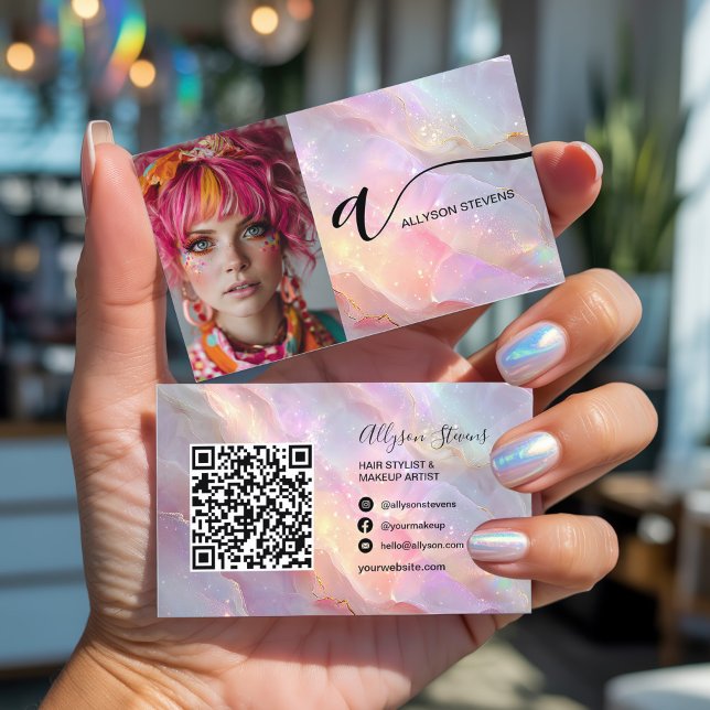 Modern Opal Rainbow Glitter Photo QR Code Makeup Visitkort (Modern Opal Rainbow Glitter Photo QR Code Makeup Business Card)