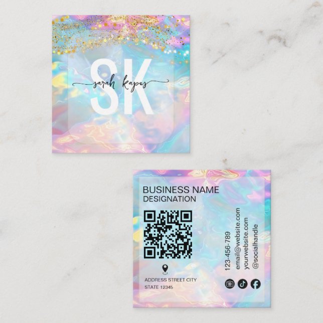 Modern Opal-sten holografisk monogram Qr-kod Fyrkantigt Visitkort (Fram/baksida)