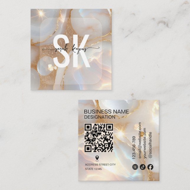 Modern Opal-sten monogram QR-kod Fyrkantigt Visitkort (Fram/baksida)