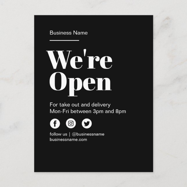 Modern Open For Business - slutleverans svart Meddelande Vykort (Framsida)