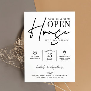 Modern Open House Black White Real Gods Business Inbjudningar