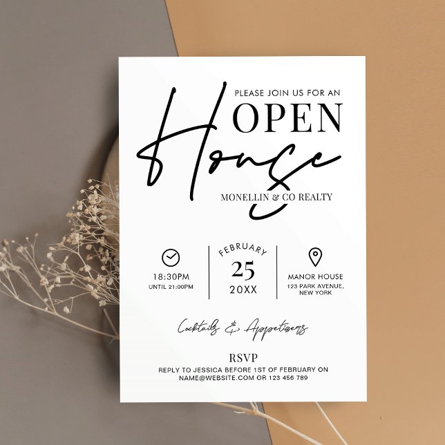 Modern Open House Black White Real Gods Business Inbjudningar (Modern Open House Invitation design in black and white, perfect to promote your next event)