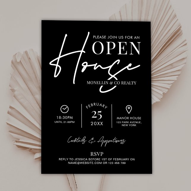 Modern Open House Black & White Realty Business I Inbjudningar (Modern black and white Open House Event Invitation)