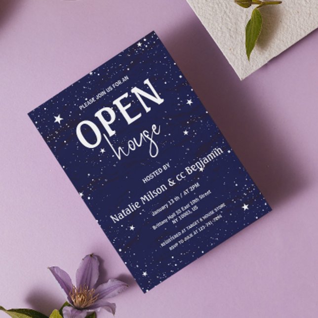 Modern Open House Navyblå Stjärnor Inflyttningsfes Inbjudningar (Modern Open House Navy Blue Stars Housewarming Invitation chic elegant sky stars holiday blue white )