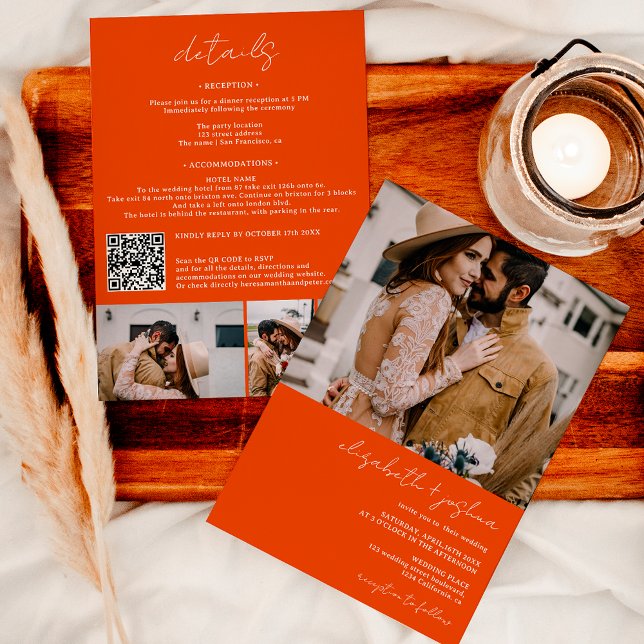 Modern orange 4-foto Qr allt i en bröllop Inbjudningar (Modern black white 4 photo Qr all in one wedding Invitation on orange)