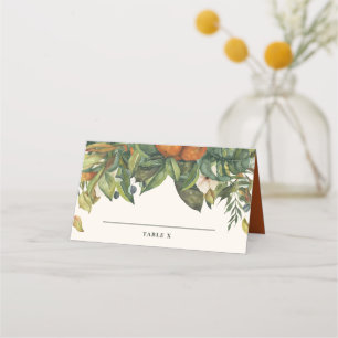 Modern orange av citrusfrukter i blommarna bröllop placeringskort