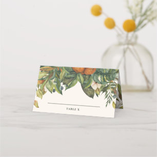 Modern orange av citrusfrukter i blommarna bröllop placeringskort