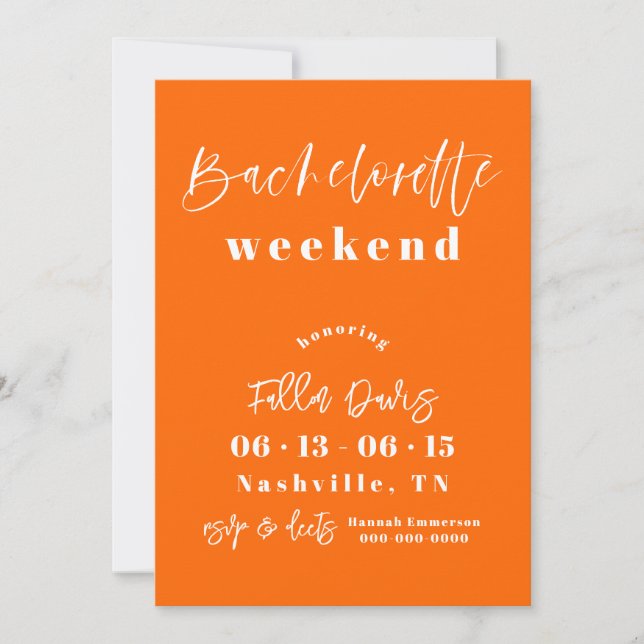 Modern Orange Bachelorette-inbjudan - Itinerary Julkort (Framsida)