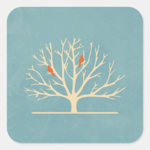 Modern Orange Birds in a Large Träd Illustration Fyrkantigt Klistermärke