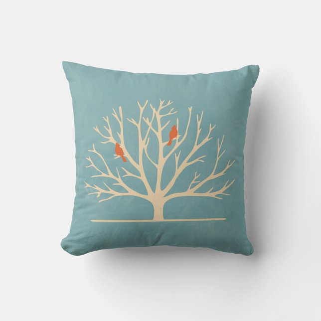 Modern Orange Birds in a Large Träd Illustration Kudde (Framsida)