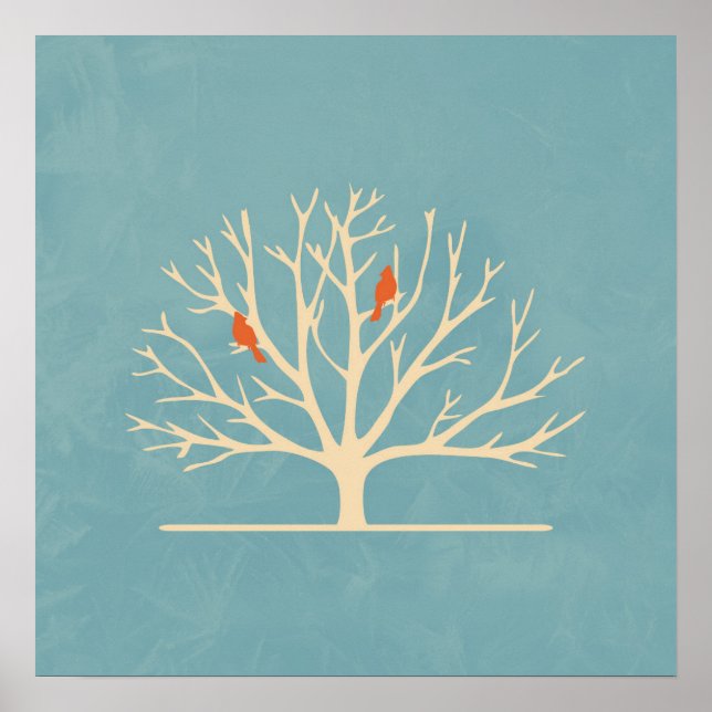 Modern Orange Birds in a Large Träd Illustration Poster (Framsidan)