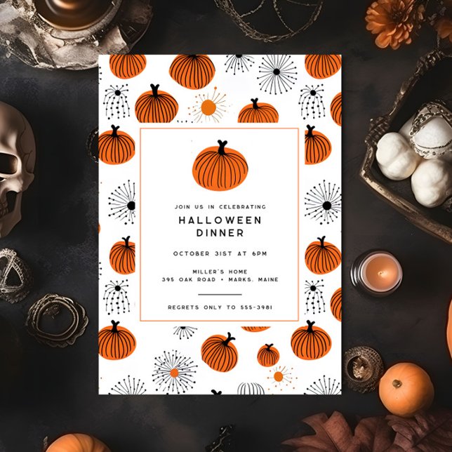 Modern Orange Black Pumpkin Halloween Middag Party Inbjudningar (Skapare uppladdad)