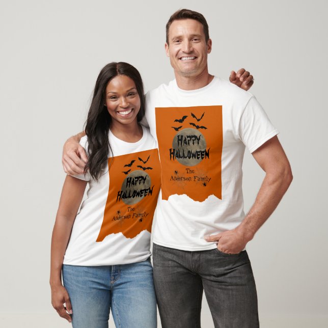 Modern Orange Black Spooky Happy halloween T Shirt (Unisex)