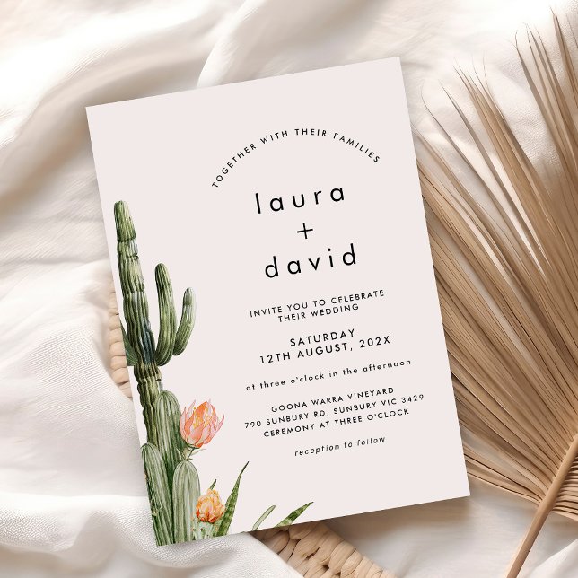 Modern Orange Blommigt Cactus Bröllop Inbjudningar (Modern Cactus Wedding Invitation, Cactus Themed Wedding Invite, Modern, Floral Cactus Wedding Invite)