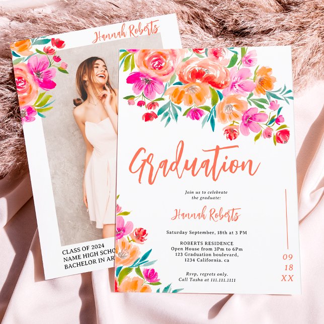 Modern orange Boho blommigt studenten Inbjudningar (Modern photo Boho orange floral graduation Invitation)