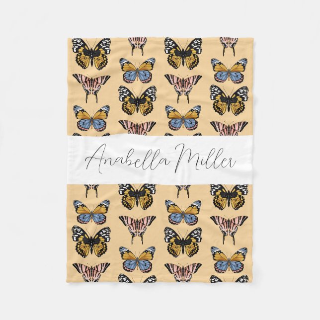 Modern Orange Boho Butterfly Mönster Kids Namn Fleecefilt (Framsidan)