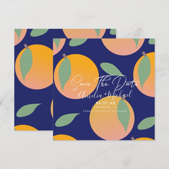 Modern Orange Botanisk Blå Spara Datum Kort (Fram/baksida)