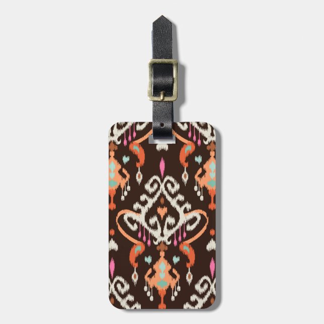 Modern orange brun gikat ikat-stammen mönster bagagebricka (Vertikal Framsida)