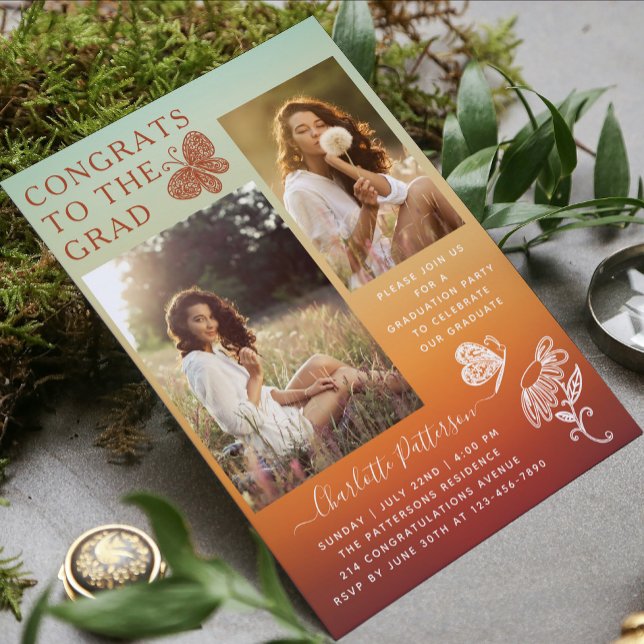 Modern Orange Butterfly Photo Studentfest Inbjudningar (Skapare uppladdad)