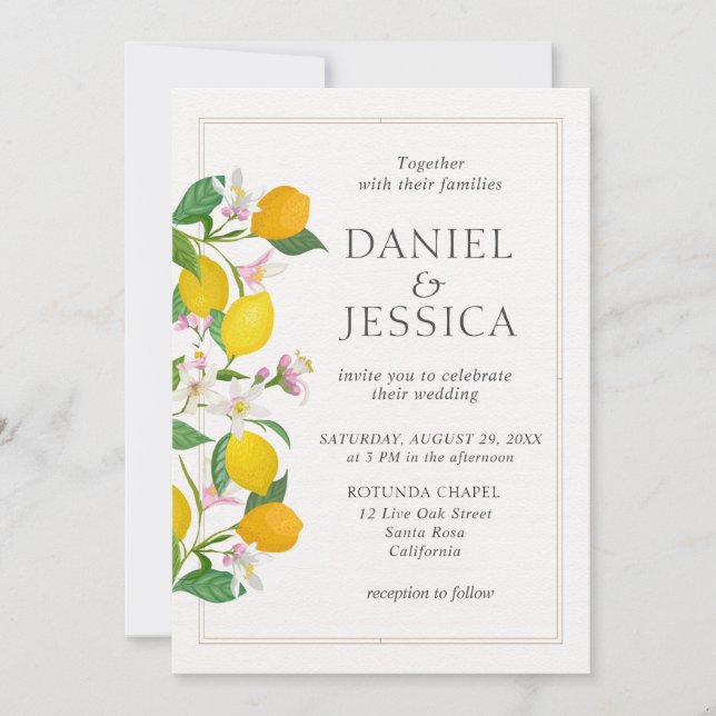 Modern Orange citrus blommar vattencolor bröllop Inbjudningar (Framsida)