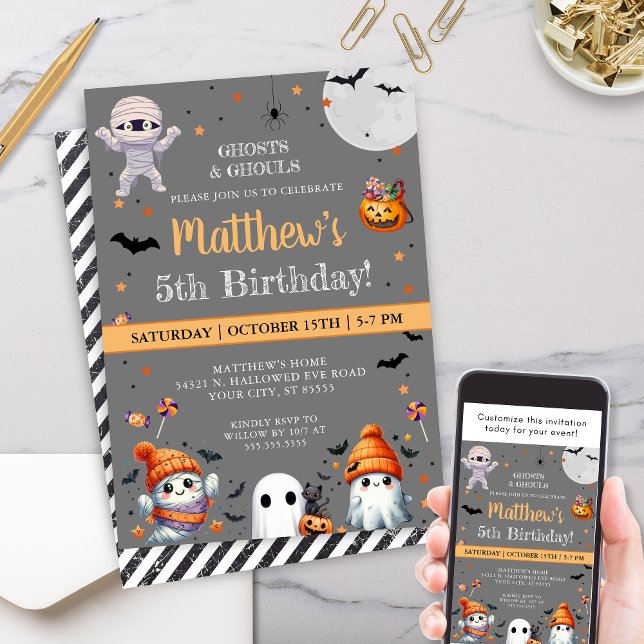 Modern Orange Cute Ghost Party Halloween Birthday Inbjudningar (Spooktacular halloween birthday party invitations for costume party cute ghost theme party invites)