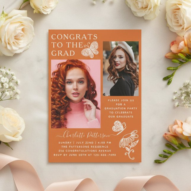 Modern Orange Fjäril Foto Examen Fest Inbjudningar (Skapare uppladdad)