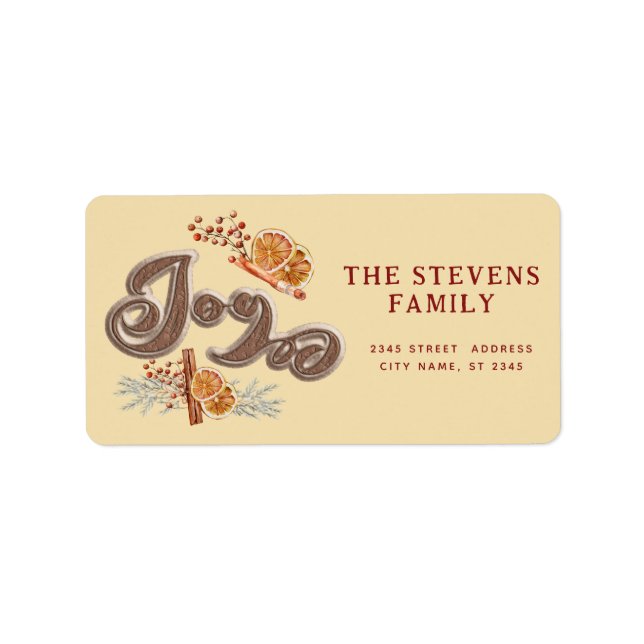 Modern orange för cookie-skript med glädje cinnamo adressetikett (Framsidan)