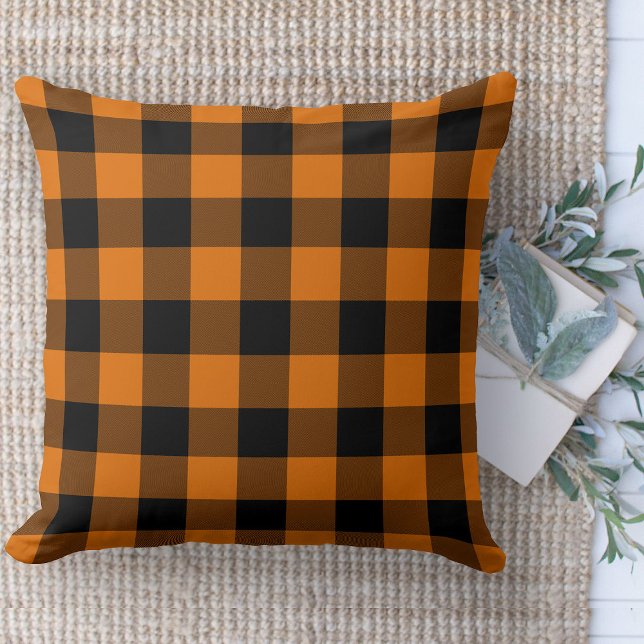 Modern Orange för lantbruk och svart buffel Play Kudde (Modern farmhouse throw pillow orange and black buffalo plaid couch pillow )