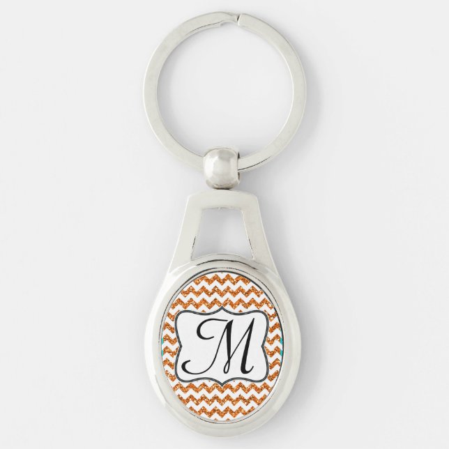 Modern Orange Glitter Chevron Zig Zag Nyckelring (Framsidan)