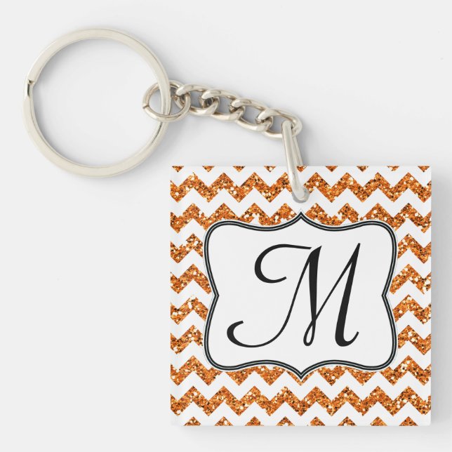 Modern Orange Glitter Chevron Zig Zag Nyckelring (Framsidan)