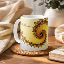 Modern Orange Grå Spiral Fraktal Med Namn Kaffemugg