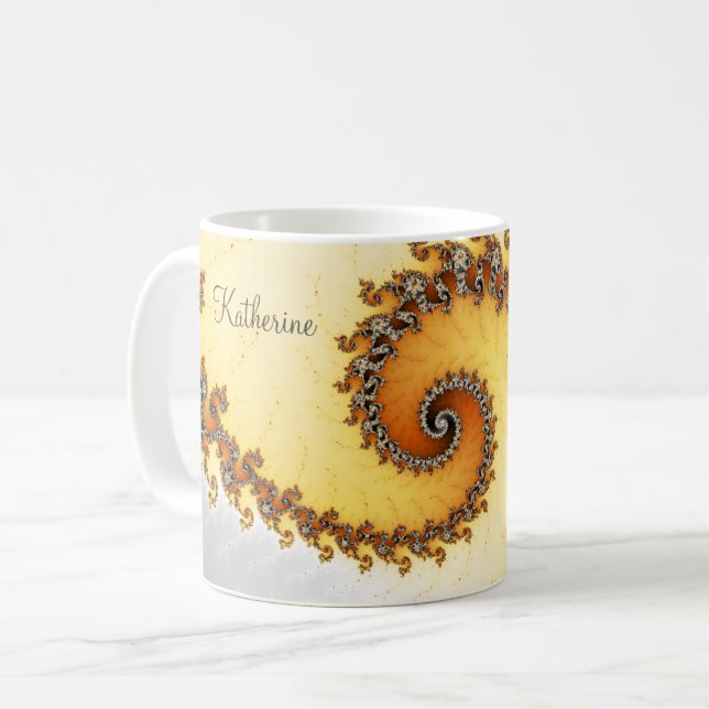 Modern Orange Grått Spiral factal med Namn Kaffemugg (Framsida vänster)