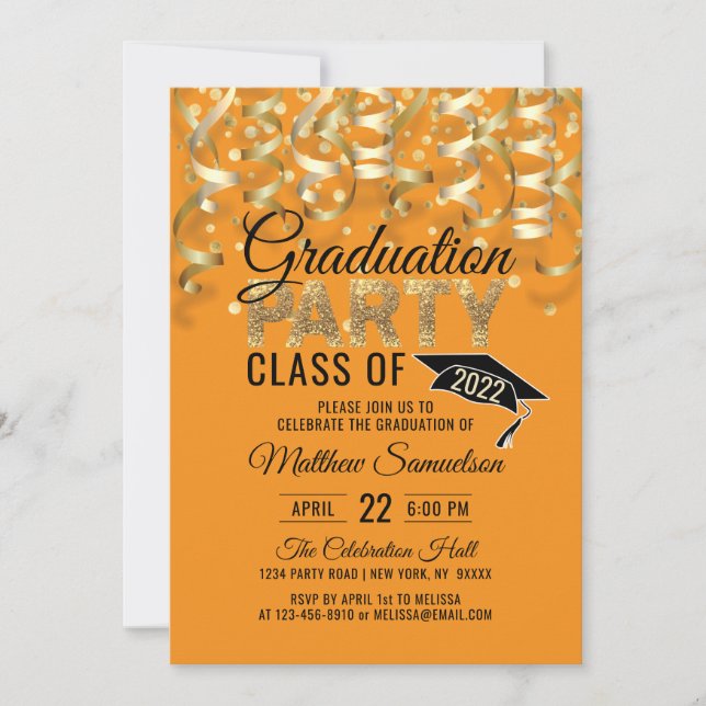 Modern ORANGE Guld Glitter EXAMENSFIRANDE Fest Inbjudningar (Framsida)