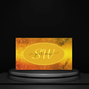 Modern Orange Gult Marble Glitter Stars Monogram Visitkort