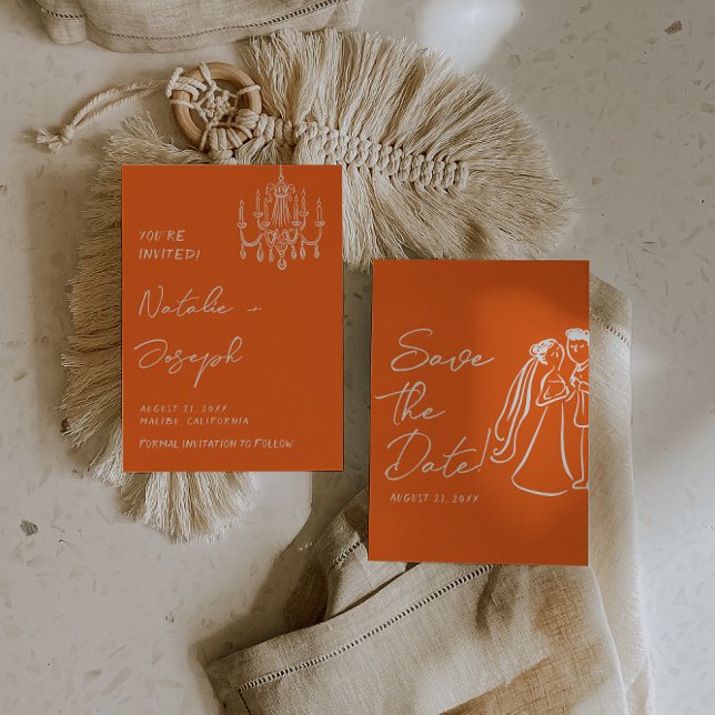 Modern Orange Hand Drawn Retro Summer Wedding  Spara Datumet (Skapare uppladdad)