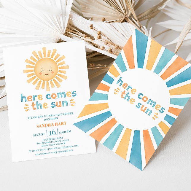 Modern Orange här kommer hit, barnskåraren Inbjudningar (Here Come The Son Baby Shower Invitation Template, Modern Retro, Sun Themed Baby Shower invitation)